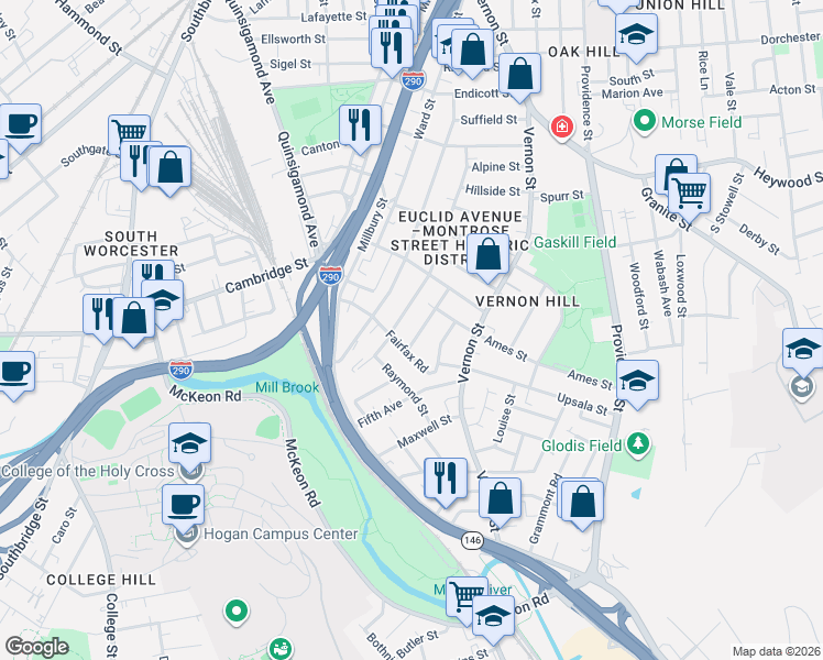 map of restaurants, bars, coffee shops, grocery stores, and more near 35 Fairfax Road in Worcester