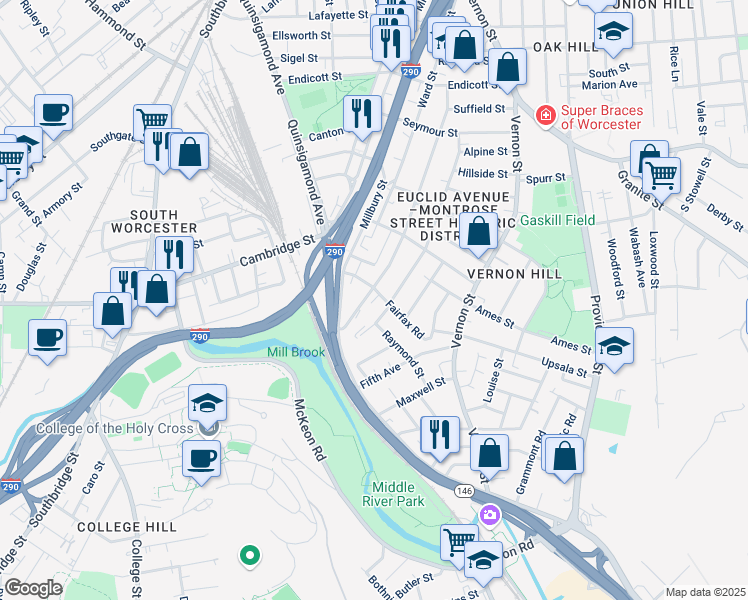 map of restaurants, bars, coffee shops, grocery stores, and more near 3 Raymond Street in Worcester