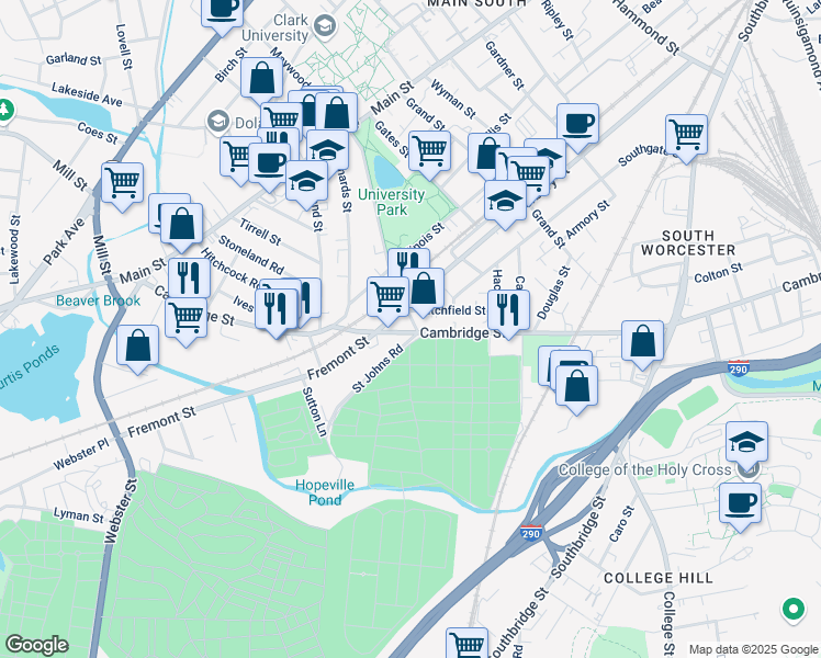 map of restaurants, bars, coffee shops, grocery stores, and more near 5 Saint Johns Road in Worcester