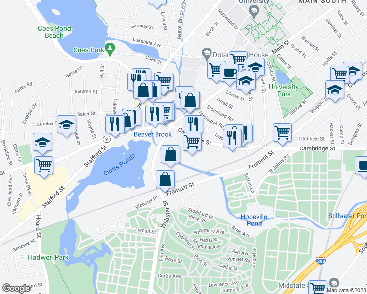 map of restaurants, bars, coffee shops, grocery stores, and more near 50 Cambridge Street in Worcester