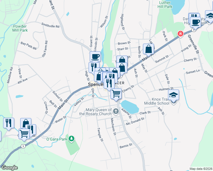 map of restaurants, bars, coffee shops, grocery stores, and more near 39 Wall Street in Spencer