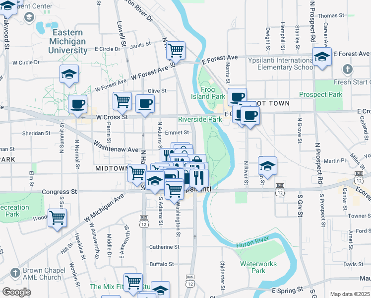 map of restaurants, bars, coffee shops, grocery stores, and more near 148 North Washington Street in Ypsilanti