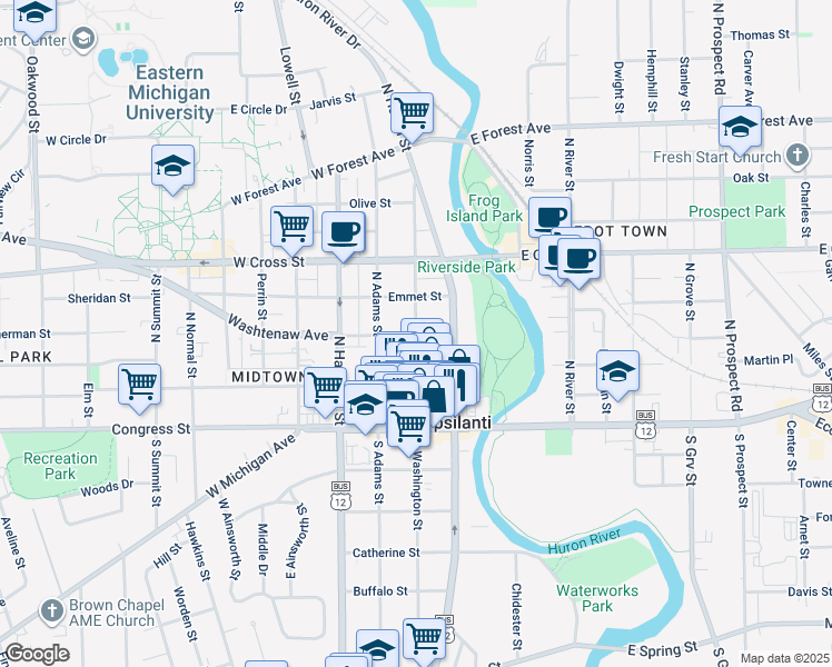 map of restaurants, bars, coffee shops, grocery stores, and more near 148 North Washington Street in Ypsilanti