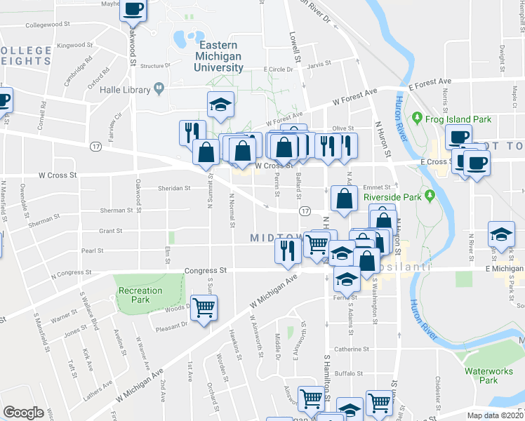 map of restaurants, bars, coffee shops, grocery stores, and more near 121 College Place in Ypsilanti