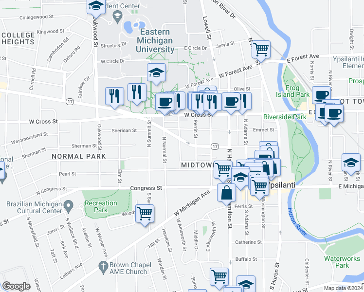 map of restaurants, bars, coffee shops, grocery stores, and more near 121 College Place in Ypsilanti