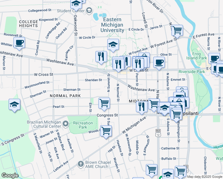 map of restaurants, bars, coffee shops, grocery stores, and more near 115 North Normal Street in Ypsilanti