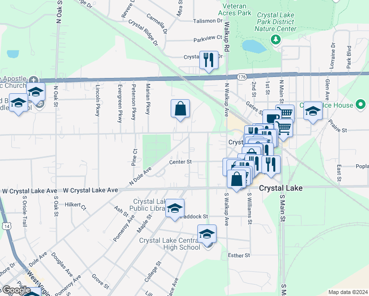 map of restaurants, bars, coffee shops, grocery stores, and more near 74 Elmhurst Street in Crystal Lake