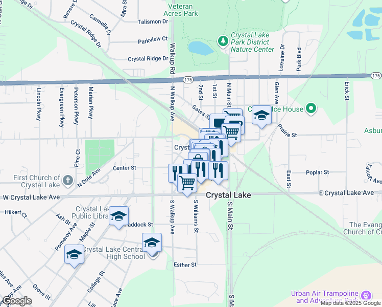 map of restaurants, bars, coffee shops, grocery stores, and more near 25 Bryant Court in Crystal Lake