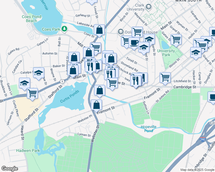 map of restaurants, bars, coffee shops, grocery stores, and more near 50 Cambridge Street in Worcester