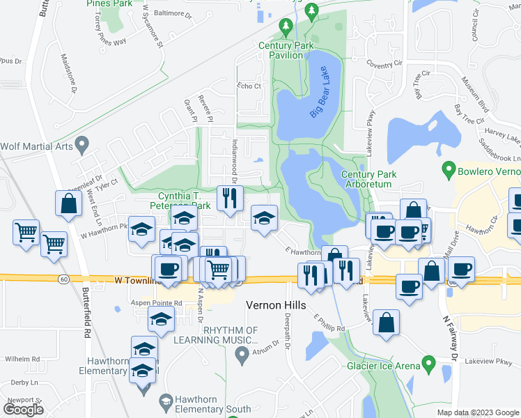 map of restaurants, bars, coffee shops, grocery stores, and more near 41 Wilshire Court in Vernon Hills
