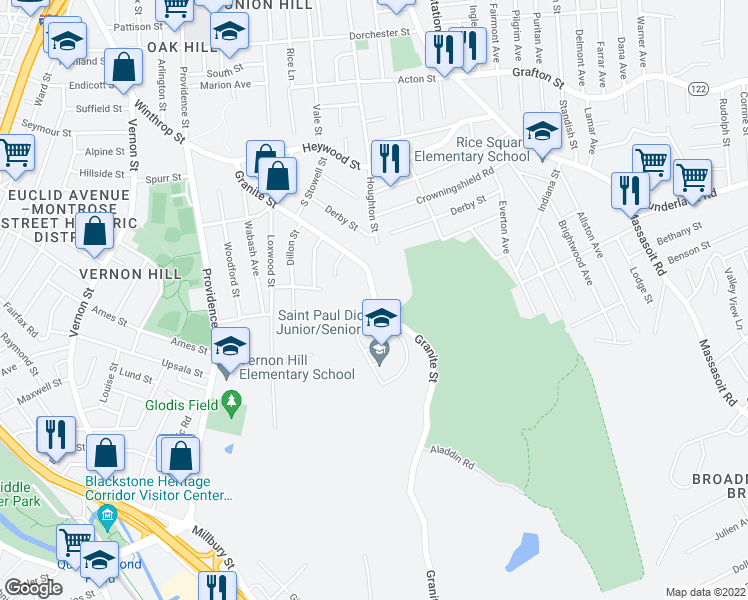 map of restaurants, bars, coffee shops, grocery stores, and more near 133 Granite Street in Worcester