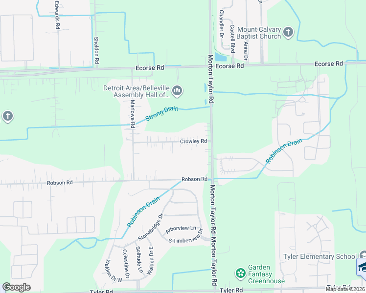 map of restaurants, bars, coffee shops, grocery stores, and more near 43665 Crowley Road in Belleville