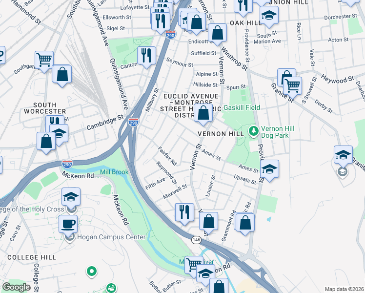 map of restaurants, bars, coffee shops, grocery stores, and more near 176 Vernon Street in Worcester