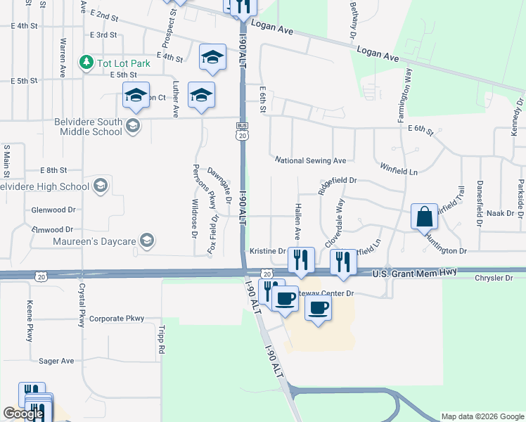 map of restaurants, bars, coffee shops, grocery stores, and more near 6234 Broadview Avenue in Belvidere