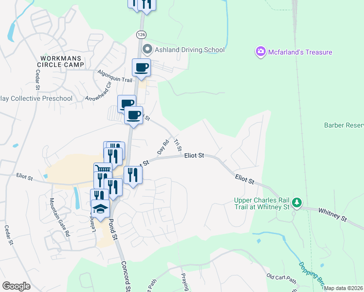 map of restaurants, bars, coffee shops, grocery stores, and more near 350 Eliot Street in Ashland
