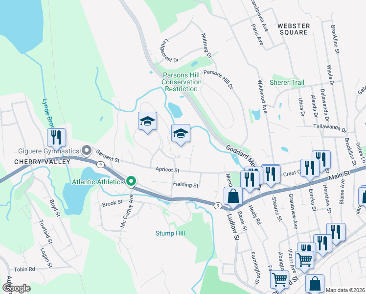map of restaurants, bars, coffee shops, grocery stores, and more near 140 Apricot Street in Worcester