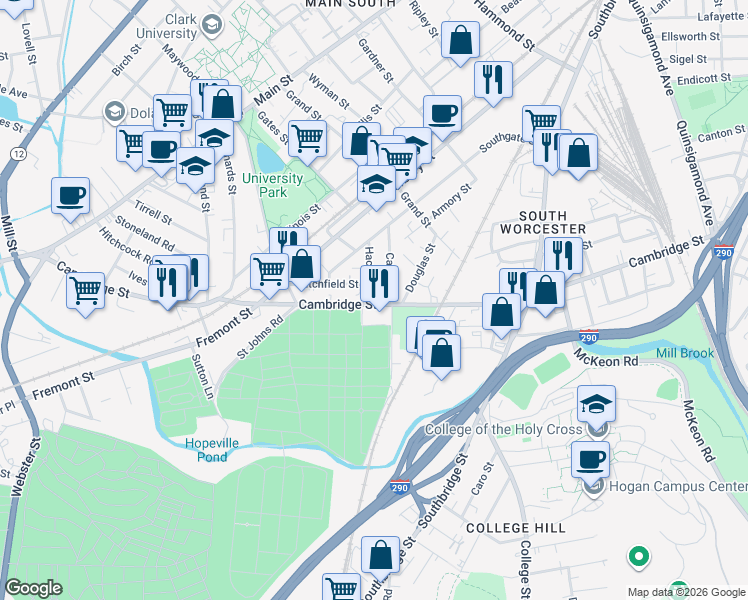 map of restaurants, bars, coffee shops, grocery stores, and more near 42 Camp Street in Worcester