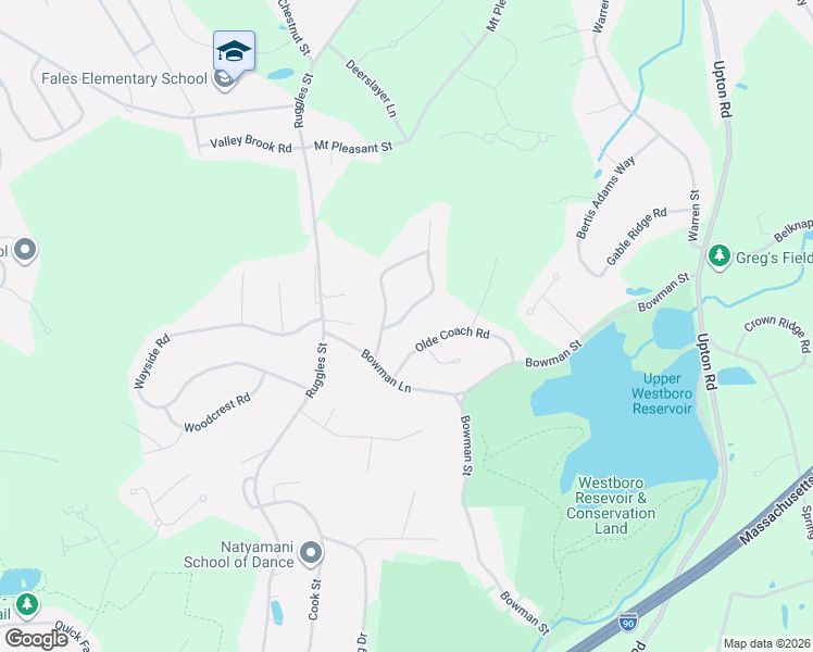 map of restaurants, bars, coffee shops, grocery stores, and more near 25 Olde Coach Road in Westborough
