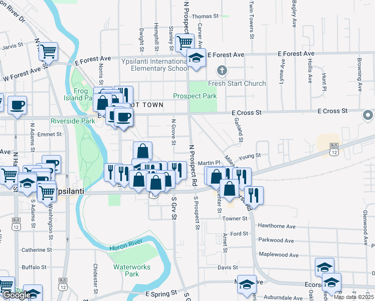 map of restaurants, bars, coffee shops, grocery stores, and more near 219 North Prospect Road in Ypsilanti