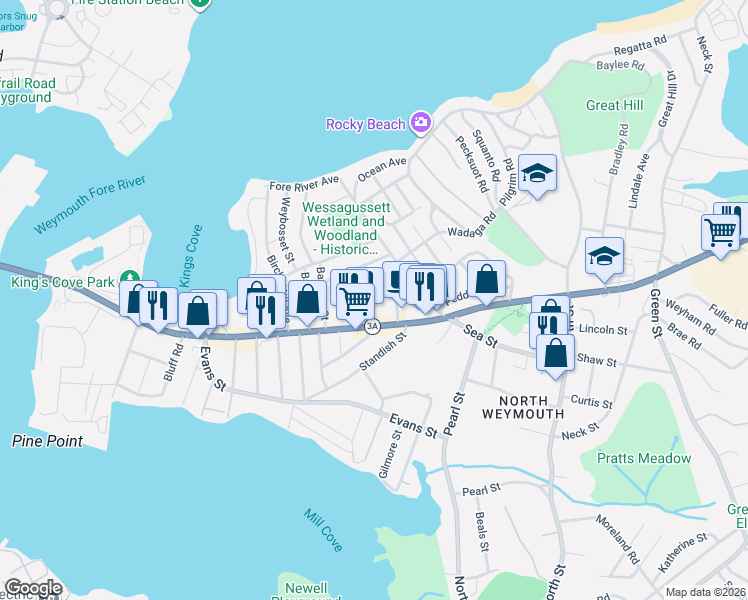 map of restaurants, bars, coffee shops, grocery stores, and more near 356 Bridge Street in Weymouth