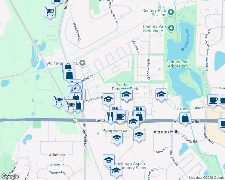 map of restaurants, bars, coffee shops, grocery stores, and more near 366 Jefferson Court in Vernon Hills