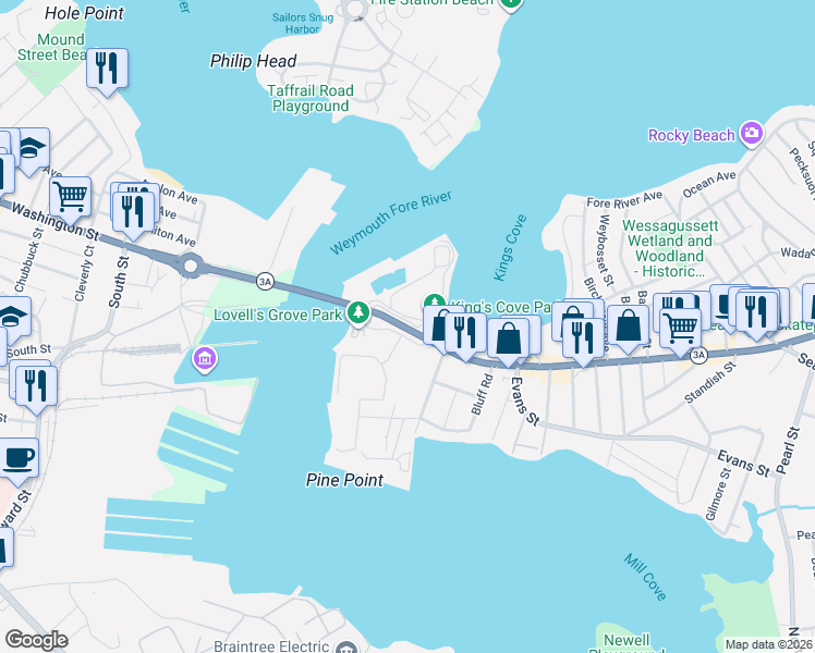 map of restaurants, bars, coffee shops, grocery stores, and more near 52 Bridge Street in Weymouth