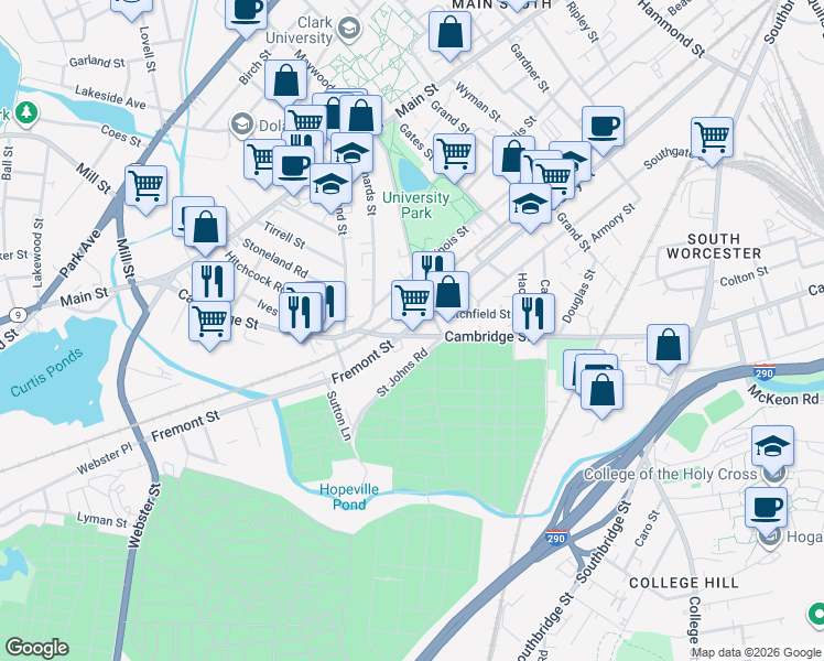 map of restaurants, bars, coffee shops, grocery stores, and more near 201 Cambridge Street in Worcester