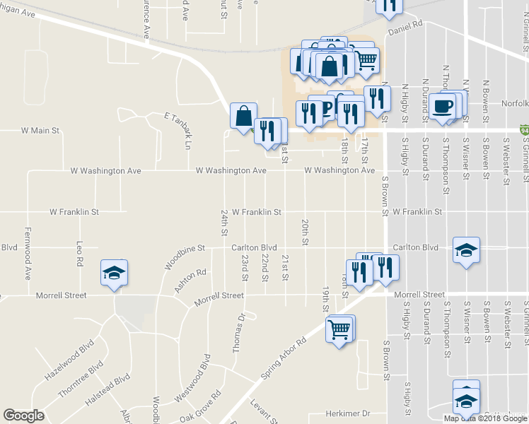 map of restaurants, bars, coffee shops, grocery stores, and more near 2201 West Franklin Street in Jackson