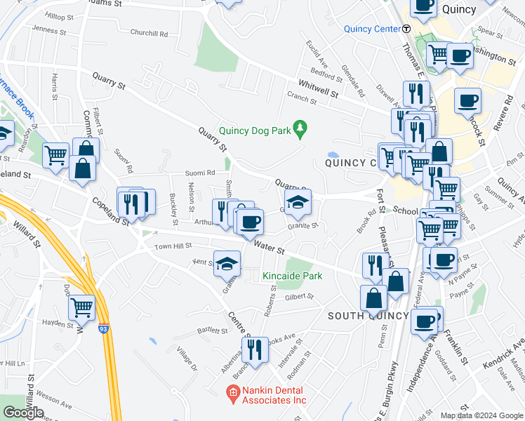 map of restaurants, bars, coffee shops, grocery stores, and more near 71 Garfield Street in Quincy