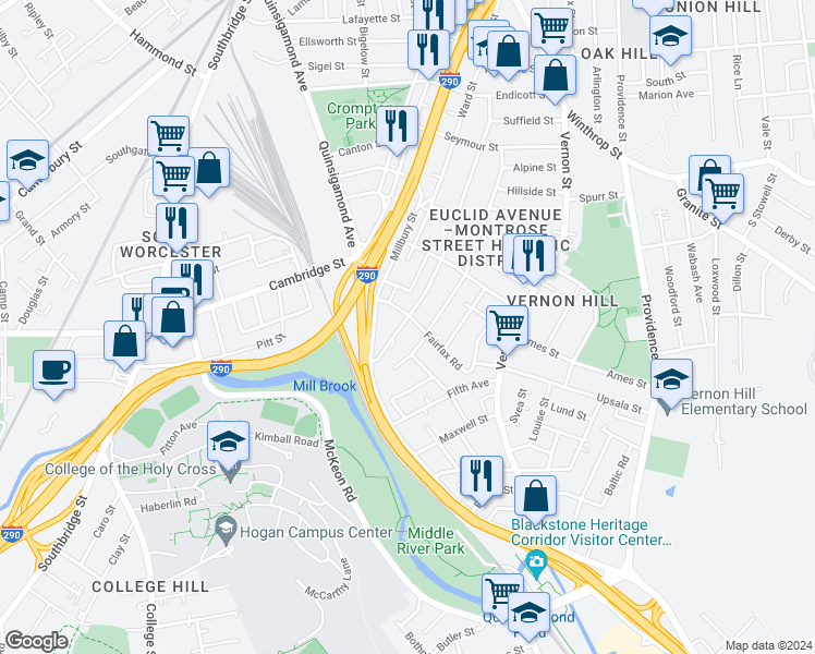 map of restaurants, bars, coffee shops, grocery stores, and more near 2 Fairfax Road in Worcester