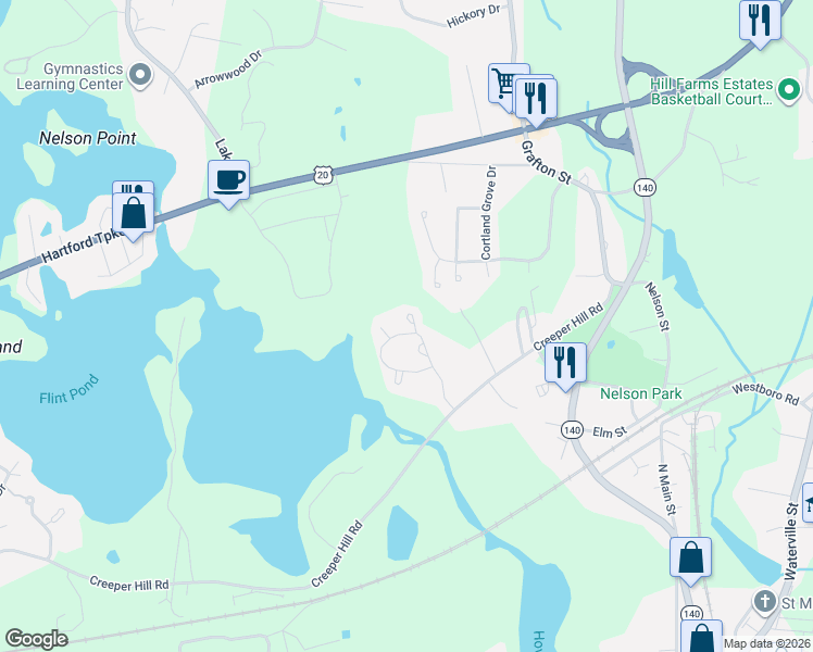 map of restaurants, bars, coffee shops, grocery stores, and more near 11 Woodbridge Court in Shrewsbury