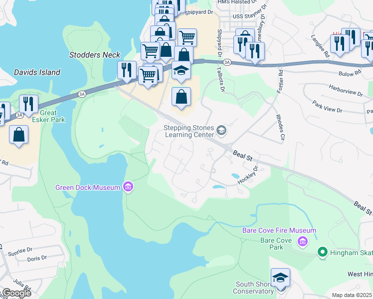 map of restaurants, bars, coffee shops, grocery stores, and more near 16 Beal's Cove Road in Hingham