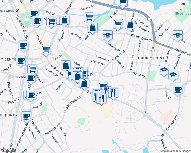 map of restaurants, bars, coffee shops, grocery stores, and more near 4 Dartmouth Street in Quincy