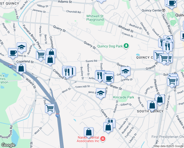 map of restaurants, bars, coffee shops, grocery stores, and more near 45 Prospect Hill in Quincy