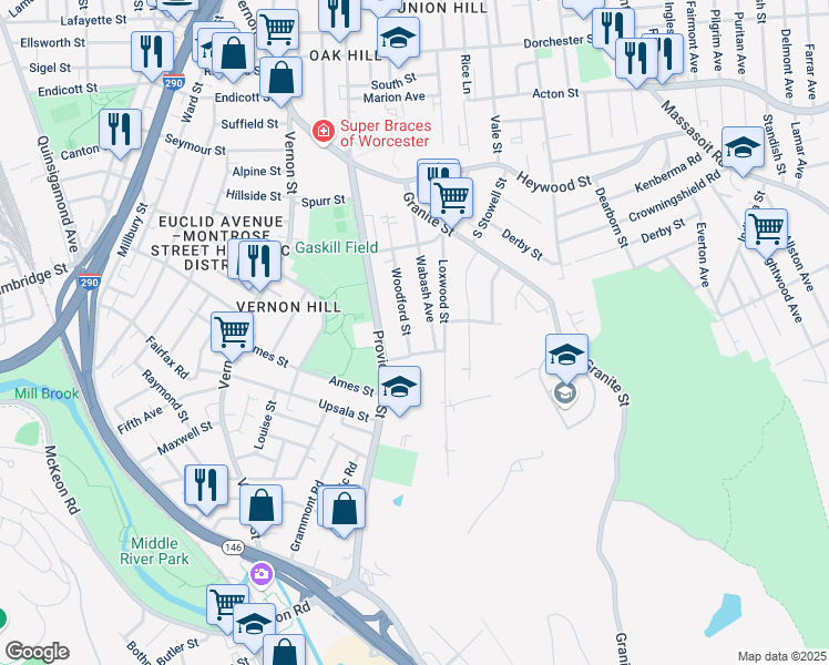 map of restaurants, bars, coffee shops, grocery stores, and more near 24 Woodford Street in Worcester