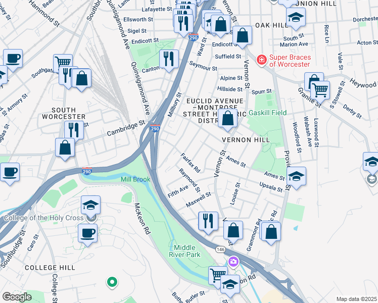 map of restaurants, bars, coffee shops, grocery stores, and more near 101 Sterling Street in Worcester