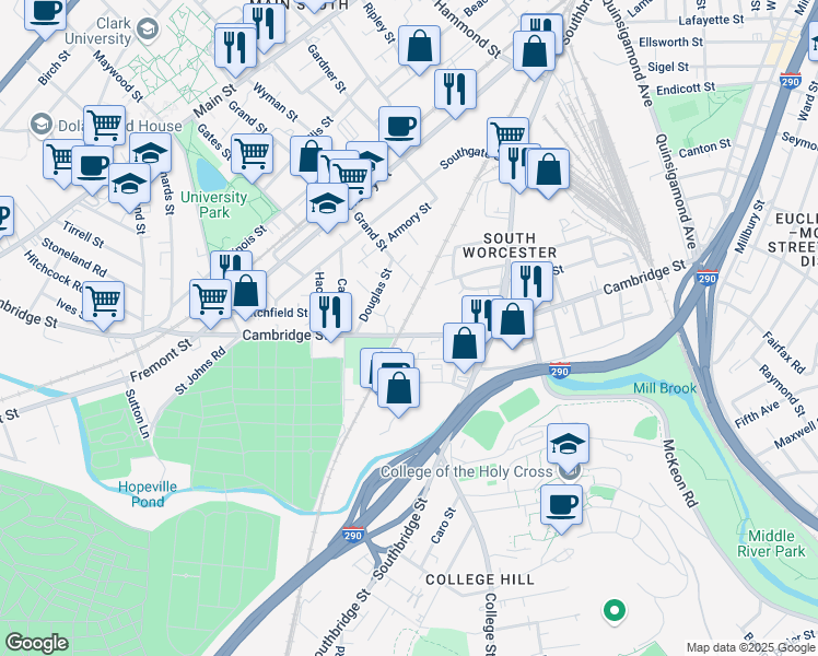 map of restaurants, bars, coffee shops, grocery stores, and more near 194 Grand Street in Worcester