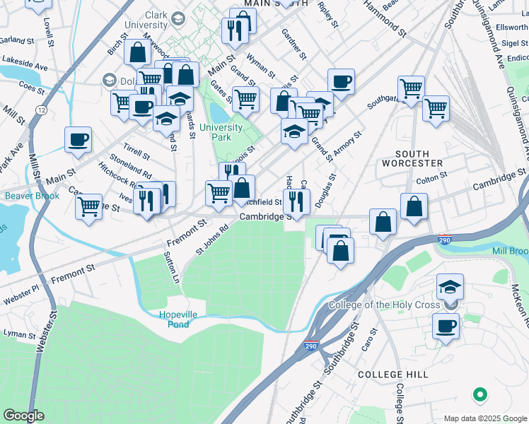 map of restaurants, bars, coffee shops, grocery stores, and more near 25 Litchfield Street in Worcester