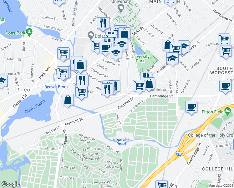 map of restaurants, bars, coffee shops, grocery stores, and more near 51 Freeland Terrace in Worcester