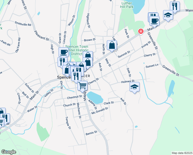 map of restaurants, bars, coffee shops, grocery stores, and more near 22 Ash Street in Spencer