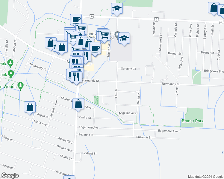 map of restaurants, bars, coffee shops, grocery stores, and more near in Windsor