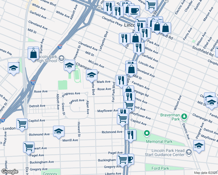map of restaurants, bars, coffee shops, grocery stores, and more near 1356 Mark Avenue in Lincoln Park