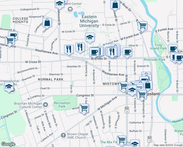 map of restaurants, bars, coffee shops, grocery stores, and more near 219 North Normal Street in Ypsilanti