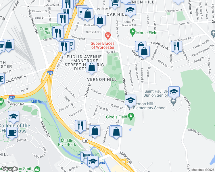 map of restaurants, bars, coffee shops, grocery stores, and more near 52-54 Stockton Street in Worcester