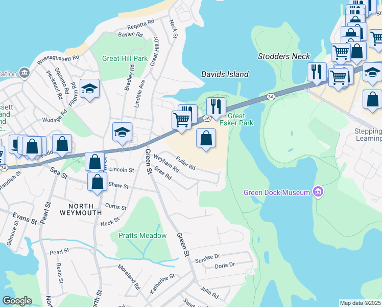 map of restaurants, bars, coffee shops, grocery stores, and more near Bridge Street in Weymouth