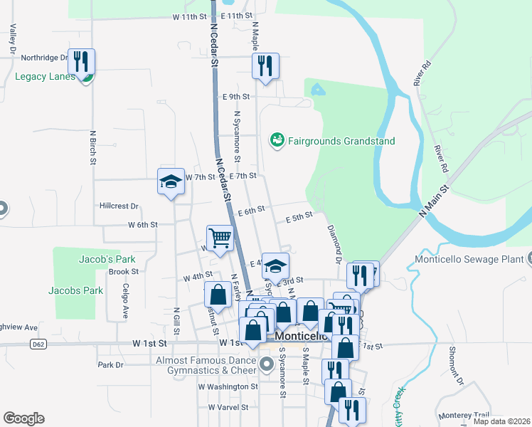 map of restaurants, bars, coffee shops, grocery stores, and more near 601-699 North Maple Street in Monticello