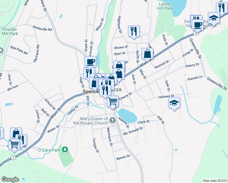map of restaurants, bars, coffee shops, grocery stores, and more near in Spencer