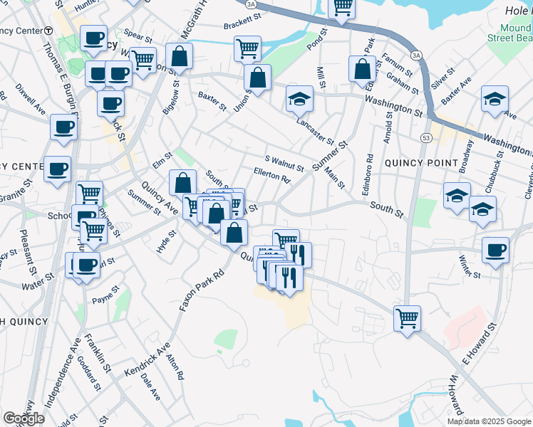 map of restaurants, bars, coffee shops, grocery stores, and more near 4 Dartmouth Street in Quincy