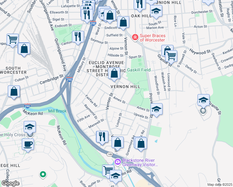 map of restaurants, bars, coffee shops, grocery stores, and more near 159 Vernon Street in Worcester