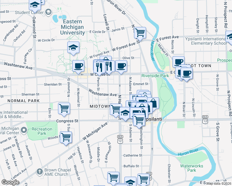 map of restaurants, bars, coffee shops, grocery stores, and more near 408 Washtenaw Avenue in Ypsilanti
